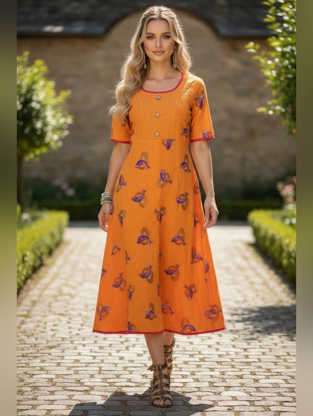 Gorgeous Vintage Isabella Orange Printed Short-Sleeve A-Line Midi Dress Saree